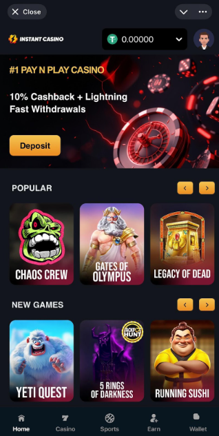 instant casino mobile view
