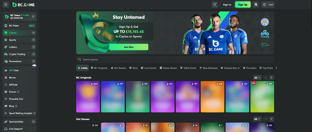 A screenshot of the BC Game Casino Front Page BC Game - Florida Online Casinos With Quick Payouts