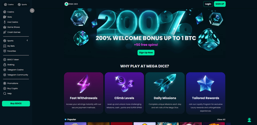 Mega Dice Front Page - One of the Largest Bonuses out of all New Online Casinos