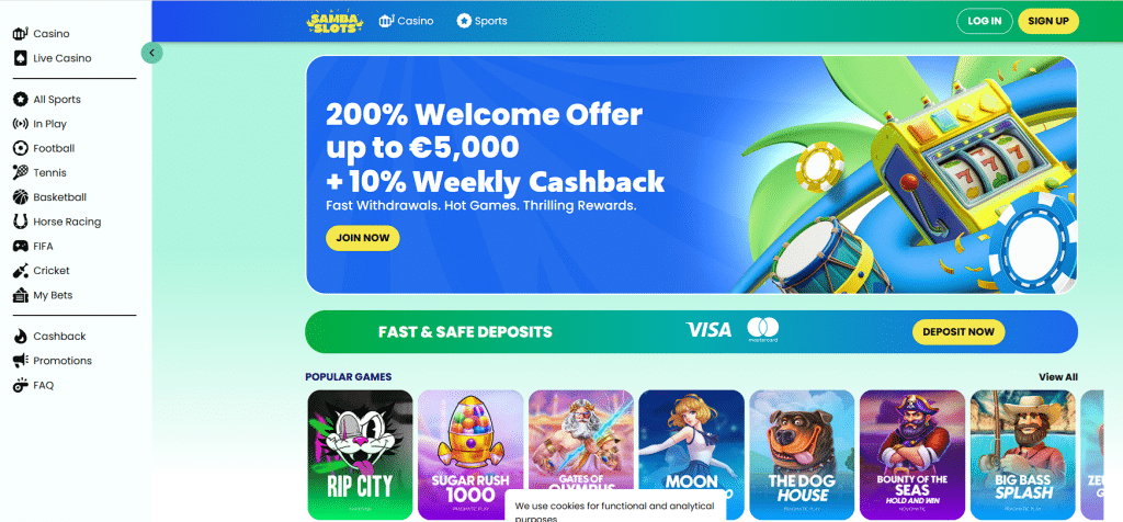 Samba Slots Front Page Screenshot