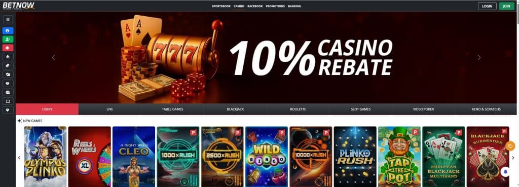 A screenshot of the BetNow Casino Front Page BetNow - Florida Online Casinos With Quick Withdrawals