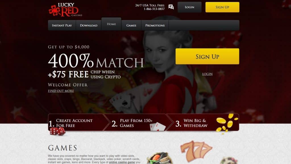 Lucky Red Casino homepage screenshot with a generous welcome promotion