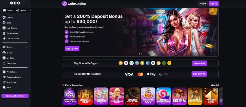 CoinCasino homepage screenshot showing one of the largest welcome offers out of all the best crypto casinos