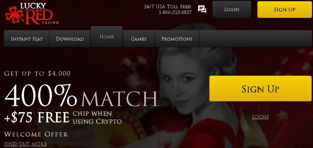 LuckyRed homepage screenshot showcasing one of the largest welcome offers out of all the best fastest payout online casinos